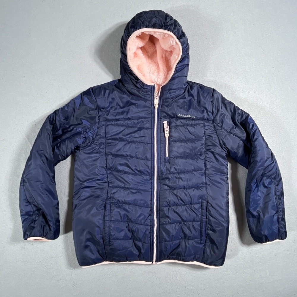Eddie Bauer Girls Jacket Size 14/16 Reversible Puffer Fleece Hooded Blue Pink